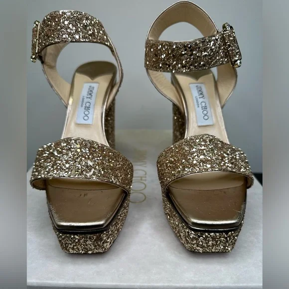 JIMMY CHOO ゴールド グリッターハイヒール Champagne Coarse Glitter Fabric Pointy Toe Pump| ROMY 85
